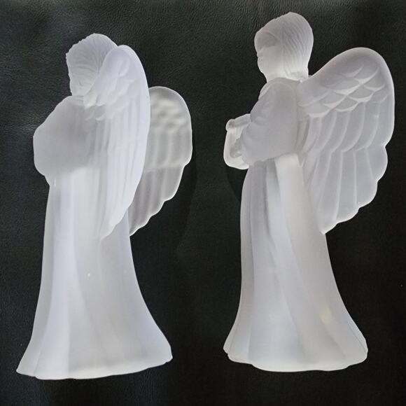 Set of 2 Frosted Christmas Angels Playing Harp Caroling Book Tea Light Decor - Picture 5 of 8